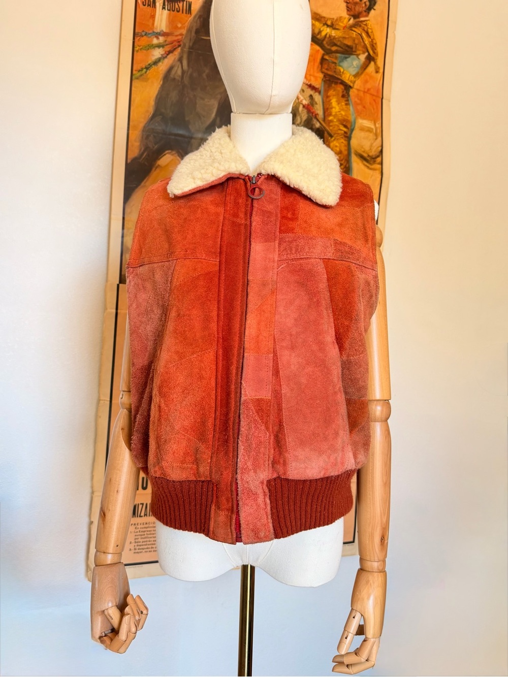Vintage 70s Rust Shearling-Collar Suede Leather Patchwork Vest Size L